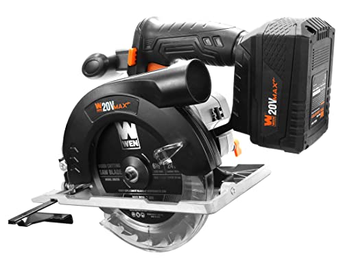 WEN Cordless Circular Saw, 6.5-Inch Blade with 20V Max 4.0 Ah Lithium-Ion Battery and Charger (20625)