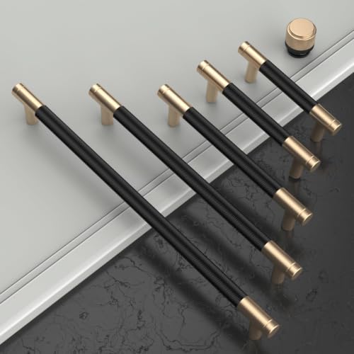 Asidrama 6 Pack 5 Inch(128mm) Matte Black and Champagne Bronze Cabinet Pulls Knurled Cabinet Handles Cupboard Handles Kitchen Cabinet Hardware for Cupboard Drawer Pulls - color: Black-Gold, size: 5" Hole Center, style: 6 Pack