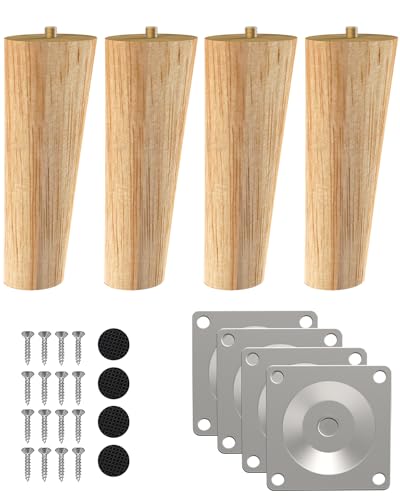Wood Furniture Legs, 6 inch Solid Wood Sofa Legs Pack of 4 Round Couch Legs Replacement Legs for Sofa Dresser Coffee Table Cabinet Bed Home DIY (6"/15cm Slant) - size: 6"x2.3"