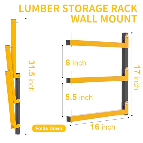 6 PACK Lumber Storage Rack Wall Mount Wood Organizer Storage Racks Heavy Duty Shelf Brackets with 9-Level System 1080 LB Sturdy Folding Garage Wall Shelving, Snowboard Rack for Indoor and Outdoor - color: Yellow, size: B– 6 Pack, 9-Tier