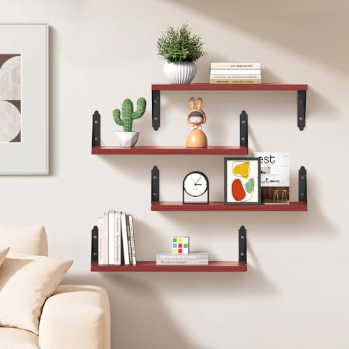 ROMGUAR CRAFT Wood Wall Floating Shelves Set of 4, 17" x 6" - Red - color: Red, size: 17" x 6"
