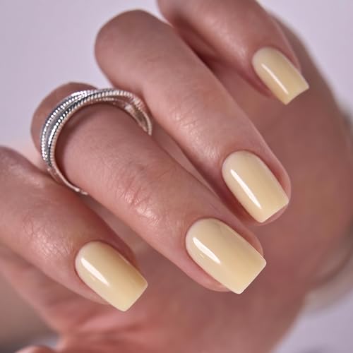 CurvLife Short Square French Tip Press On Nails, Verdant Edge Green - color: Butter Glow