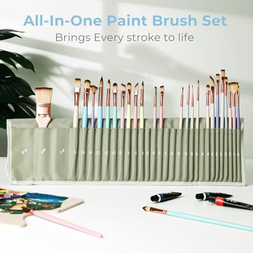 Nicpro 30pcs Paint Brush Set, Aesthetic Pastel Paintbrushes with Paint Spatula and Cloth Roll, Craft Paint Brushes for Acrylic Painting Oil Watercolor Gouache, Art Supplies for Women Artists Beginners - color: Pastel
