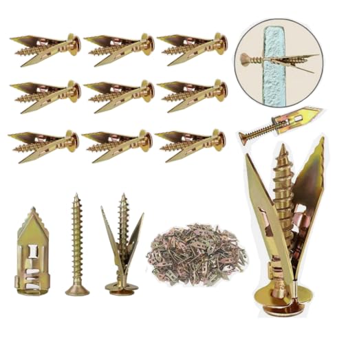 #8 100pcs self-Drilling Screws Drywall Carbon Steel Hollow Wall Anchor Expansion Yellow - Heavy Duty Holds Upto 75LB, no Drilling or Wall Drilling 50 Anchors + 50 Screws - color: Yellow
