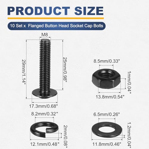 M METERXITY 10 Set M8 x 25mm Flanged Button Head Socket Cap Screws, Black 304 Stainless Steel 18-8 Hex Socket Head Screws Bolts, Nuts, Flat & Lock Washers for DIY, Furniture, Automotive - size: M8 x 25mm