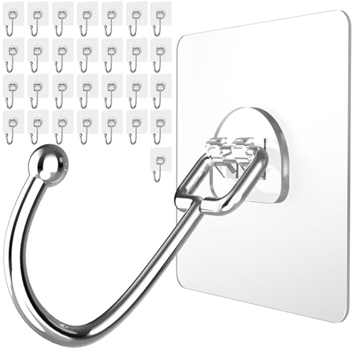 Latoxcaa Large Adhesive Hooks 30-Pack, Heavy Duty 44lb(Max) Wall Hooks for Bathroom, Outdoor, Strong Self-Adhesive Towel & Coat Hooks, Waterproof Transparent Utility Hooks for Home Improvement - size: 30-Large Hooks