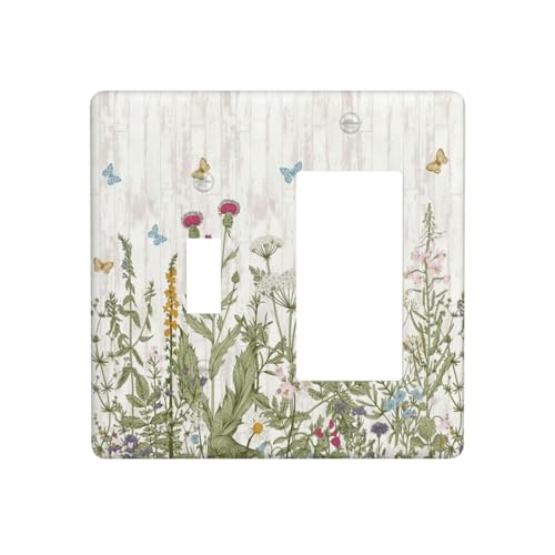 Vintage Floral Wildflower Butterfly Flower Wood Grain Outlet Covers 1 Toggle 1 Rocker Combination Decorative Wall Plate Electrical Switch Plates Light Switch Cover Plate for Farmhouse Living Room - color: Vintage Floral Wildflower Butterfly Flower Wood Gr