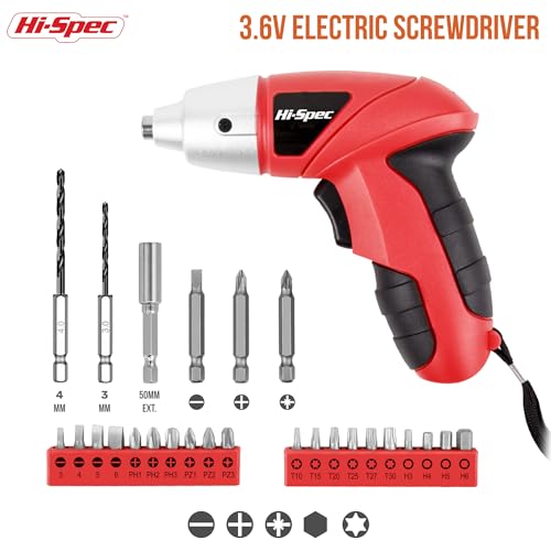 Hi-Spec 27pc 3.6V Red Small Power Electric Screwdriver Set. Cordless & Rechargeable with Driver Bit Set - color: Red