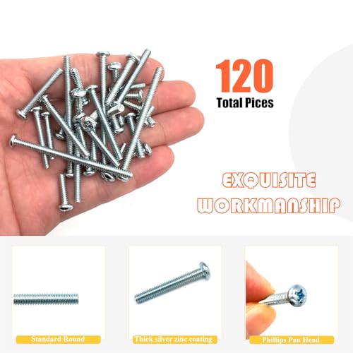 120 Pcs 8 Sizes #6-32 Machine Screws Knob Screw Cabinet Screws Electricians Screw, Carbon Steel Zinc-Plated Phillips Pan Head Machine Screws Assortment Kit - size: #6-32-8Size-120P