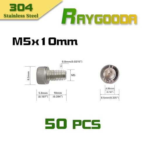 M5x0.8 x 10mm Socket Head Cap Screws Metric, 304 Stainless Steel (A2-70), Allen Socket Drive, Bright Finish, Full Thread, Rust & Corrosion Resistant, for Automotive, Machinery & DIY, 50 PCS - size: M5x10mm (50 PCS)