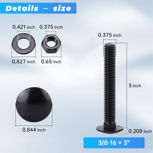 Glvaner (6 Sets) 3/8-16 x 3 Stainless Steel Carriage Bolts Screws Black and Hex Nuts & Flat Washers Black, Round Head Square Neck, 304 Stainless Steel 18-8, Full Thread Coverage - size: 3/8-16 x 3"