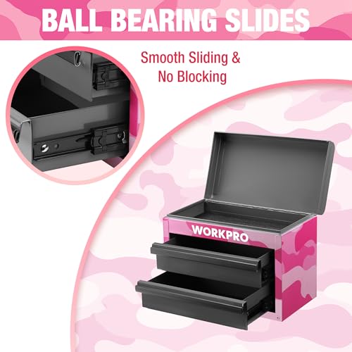 WORKPRO Metal Mini Tool Box with 2 Drawers and Top Storage - color: Pink Camo