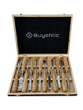 Buyohlic 12-Pieces Woodworking Wood Chisel Carving Tool Set with Wooden Box Razor Sharp CR-V 60 Steel Blades