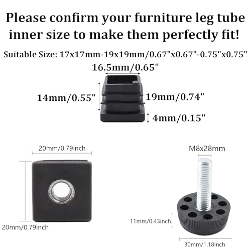 8Pcs Adjustable Leveling Feet, Square Insert Kit, Furniture Glide Leveler, Black, 20x20mm, 30x11mm, For Cabinets, Sofa Tables, Chairs - size: 20x20mm