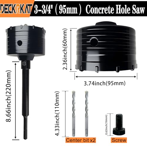 DECKRKAT 3-3/4" Concrete Hole Saw Kit,Electroplated Black Quenching Tech,Heavy-Duty Thickened Alloy Teeth,SDS Plus Shank & 2 Center Bits for Concrete,Brick,Stone. - size: (95mm)3-3/4"