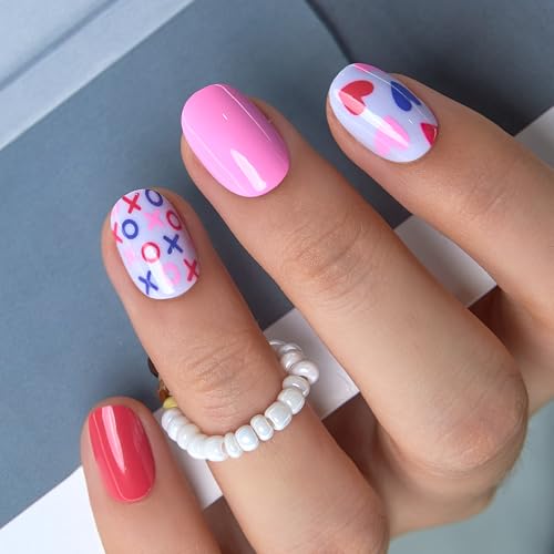 CurvLife Extra Short Square Heart Design Press On Nails, Valentine Hearts - color: E8 - Cute Heart and Kiss Nails