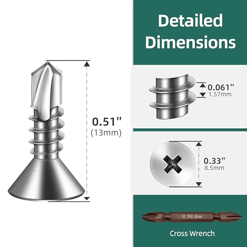 500pcs #10 x 1/2 Sheet Metal Self Tapping Screws Assortment Kit, 410 Stainless Steel Flat Head High-Strength Fast Self-Drilling Screws, Bright Finish - size: #10x1/2"