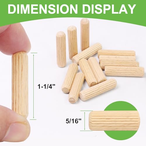 5/16" x 1-1/4" Wooden Dowel Pins, FoDau770 Fluted Wood Dowel Rods, Natural Beech Wood Dowel Pegs for Crafts, Woodworking, DIY Furniture - 200 Pieces - size: 5/16" x 1-1/4"