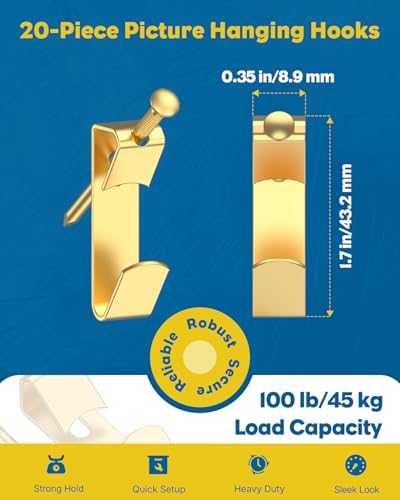 Uniclife 20 Pcs 100 lb Heavy Duty Picture Hangers for Drywall & Wood, Picture Hanging Hooks with Nails, Picture Hanging Hardware, Frame Hooks Picture Hooks for Hanging Photos Mirrors Paintings - size: 20 Pcs(100 lbs), style: Gold
