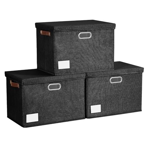 15" Fabric Storage Box with Lids, 3-Pack, Black - color: Black, size: Medium-15"