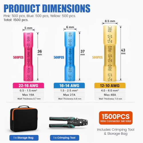 Heat Shrink Butt Connectors Kit 1500 PCS,Waterproof Wire Connectors - size: 22-16/16-14/12-10 AWG(1500PCS)