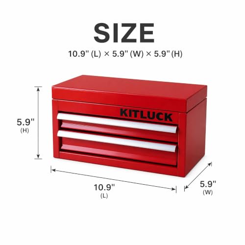 KITLUCK Mini Metal Tool Box, 2-Drawer Top Chest with Ball Bearing Slides, PVC Linerst, Durable Cold Rolled Steel Small Tool Organizer for DIY Home Office Multi-Purpose Storage,Red - color: RED