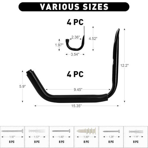 KURUI 15" Heavy Duty Garage Storage Hooks, 8 Pack Wall Mount Kayak Rack - size: 15''-8pcs