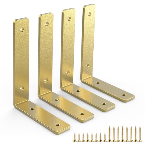 Gold Heavy Duty Shelf Brackets 4 Inch, Rustic Gold Iron L Shelf Bracket, Industrial Modern Metal Floating Shelf with Hardware for DIY Open Shelving, 4 Pack - color: Gold, size: 4 Inch