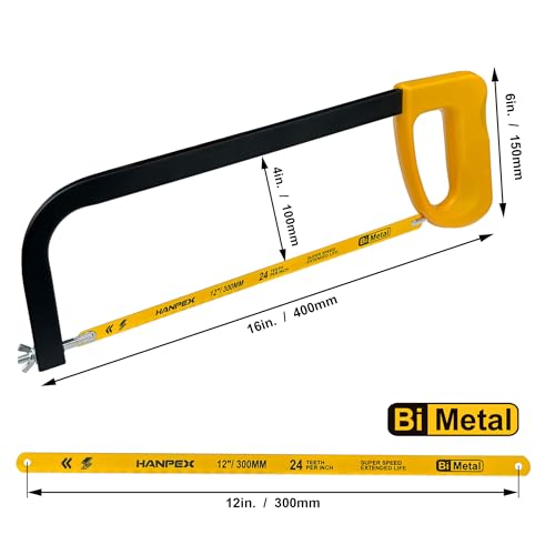 Hanpex 12in. High-Tension Hacksaw Frame with 24 TPI Bi-metal Blade, Hand Saw Suitable for Metal, wood, PVC, Carpentry - style: Hacksaw