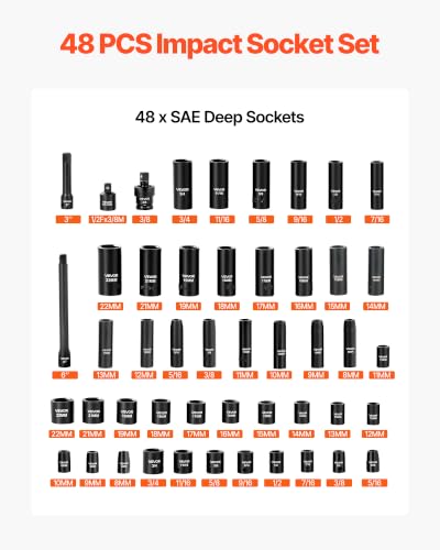 VEVOR 3/8" Drive Impact Socket Set, 48-Piece, Deep & Shallow Kit - size: 3/8" 48PCS