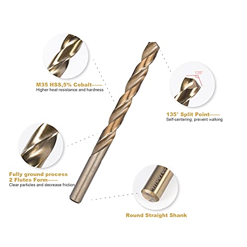 HIDOTOL Cobalt Drill Bit Set 15 PCS + 6PCS Free - M35 High Speed Steel Twist Jobber Length Drill Bits for Hardened Metal, Stainless Steel, Cast Iron, Plastic and Wood, 1/16"-3/8" - size: Cobalt 15 PCS