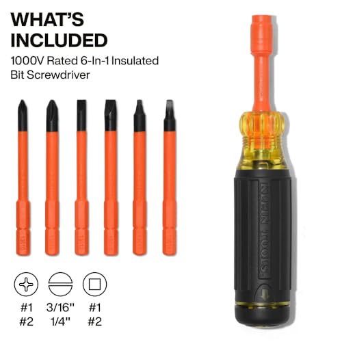 Klein Tools 32306INS 6-in-1 Insulated Multi-Bit Screwdriver, Multi-Bit Driver with Auto-Locking Collar, 1000V Rated, In-Handle Bit Storage - size: 6-in-1