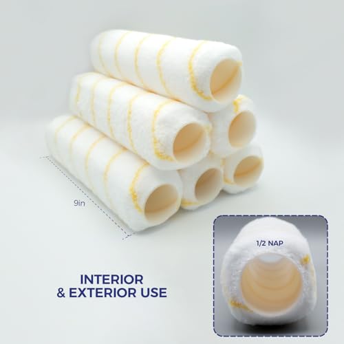 Pro Grade Paint Roller Covers, 9 Inch, 1/2 Inch Microfiber Nap, 6 Pack | For rough, smooth & semi-smooth surfaces | Walls & ceilings | Interior & exterior | Shed-resistant, lint-free