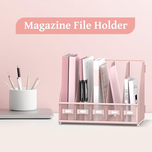 SUPEASY Desk Organizers Metal Desk Magazine File Holder with 5 Vertical Compartments Rack File Organizer for Office Desktop, Classroom, Home Workspace, Pink - color: Pink, size: Small