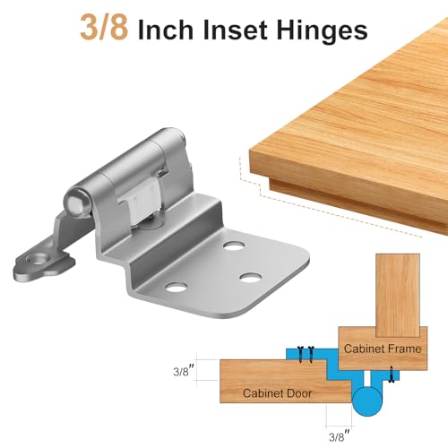 6 Pack 3 Pairs 3/8" Inset Kitchen Cabinet Door Hinges, Semi-Concealed Hinges, Self-Closing Cabinet Hinges with Mount Screws - color: Brushed Nickel