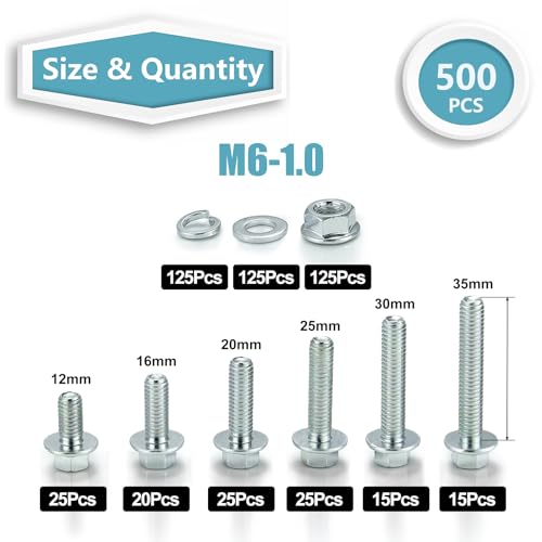 Kadrick 500Pcs Flange Hex Bolts and Nuts Kit,M6 x1.0 （M8 x1.25 M10-1.25 Available） (12mm to 35mm) Metric Bolt Assortment,Alloy Steel Class 8.8 Zinc Plated - size: 500Pcs M6 FLANGE HEX Zinc