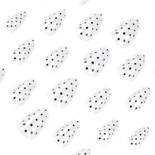 White Medium Short Almond Press On Nails, Black Polka Dots, 24PCS - color: 56-Dots Charm