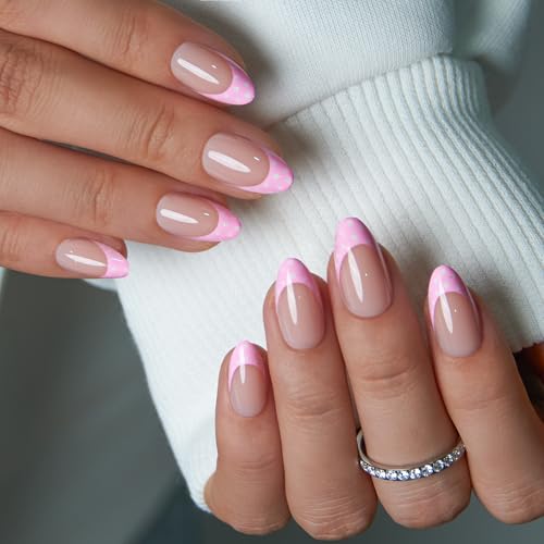 Curvlife Soft Gel Press On Nails Medium Almond Nude Pink French Tip with Polka Dots, Glue On Fake Nails Reusable False Nails Stick On Nail Tips for Women - color: B9 - Pink French Tip Polka Dots