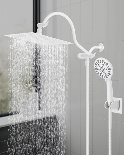 Hibbent All Metal High Pressure Rainfall 10'' Shower Head with Handheld - color: White, style: Square 10''