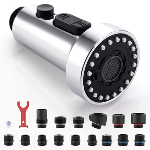 J-HVA Pull Down Kitchen Faucet Sprayer Head Replacement Part, Chrome | 3 Function with 15 Connectors Pull Out Sink Sprayer Replacement Nozzle, Kitchen Faucet Head Hose Spray Tap Spout - color: Chrome