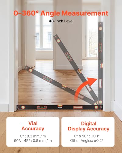 VEVOR Digital Level, 48 in Length, Magnetic Electronic Level with LED Backlit Display, 360° Electronic Leveler Tool with 0°/45°/90° Bubble Vials, IP54 Rating for Construction Carpentry Home Renovation - size: 48 inch Single