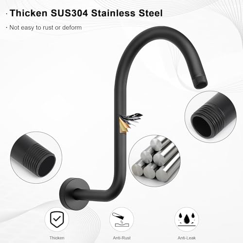 S Shaped Shower Arm, High Rise Shower Head Extension Pipe Standard 1/2" Connection with Flange, Awesome Shower Experience-Stainless Steel Bathroom Accessory(13 Inch 2-S Shape, Matte Black) - color: Matte Black, style: 13" 2 Shape