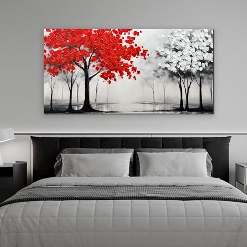 AUUZAIUA Large Canvas Wall Art Red and White Misty Forest Painting 29"x58" - size: 29"L x 58"W