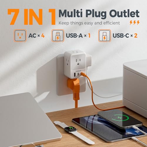 TESSAN Surge Protector Wall Outlet Extender, Multi Plug Outlet Splitter - color: Grey, size: 1 USB-A+2 USB-C