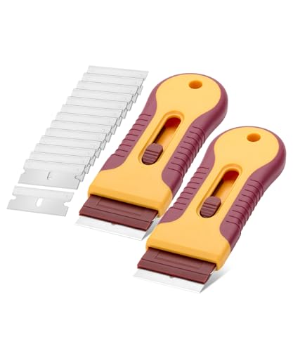 Bates- Razor Blade Scraper Tool, 2 Pack, 30 Extra Steel Blades, Anti-Slip Ergonomic Handle Design, Razor Scraper Set for Cleaning Window, Paint, Oven, Glass, Stove - color: Yellow and Red
