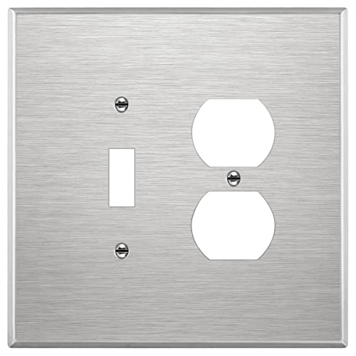 ENERLITES Combination Toggle & Duplex Metal Wall Plate, Oversize, Silver - color: Stainless Steel, size: Over-Size