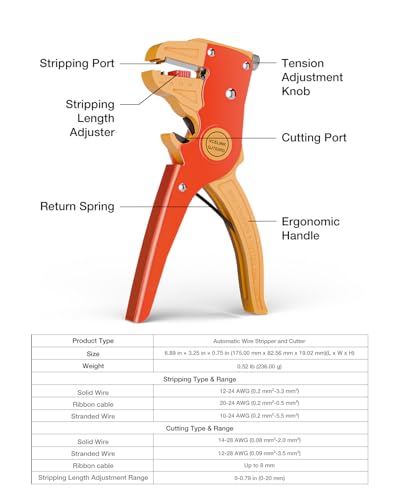 VCELINK Automatic Quickstrip Wire Stripper & Cutter 2-in-1, Red - color: Orange