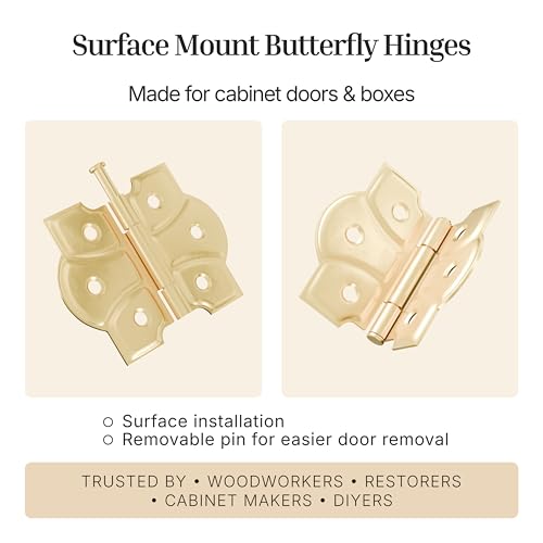 Polished Brass Butterfly Hinges with Removable Pin - Pack of 2 - Surface Mount Cabinet Door Hinges - UA-261-HPB (1) - color: Brass