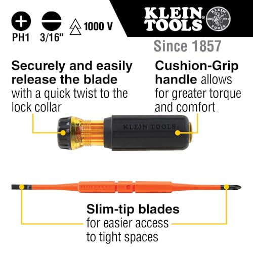 Klein Tools 32286 Insulated Screwdriver, 2-in-1 Screwdriver Set with Flip Blade, #1 Phillips and 3/16-Inch Slotted Tips, Double-Ended Blades - size: #1 PH + 3/16 SL