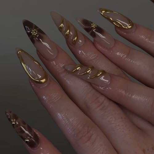 LPOODDNU Brown Almond Press on Nails - Medium Leopard Fake Nails with 3D Gold&Flower Designs, Glossy Finished Reusable False Nails with Double Adhesive Glue Tabs - 24Pcs Nail Kit for Women Manicure - color: brown leopard flower